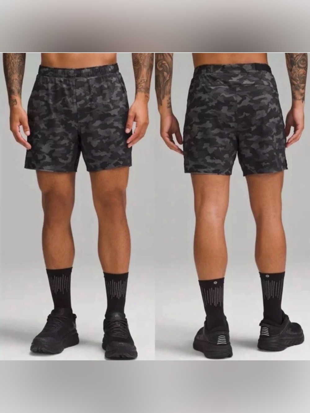 Lululemon Shorts Men's Surge Linerless 6" Variegated Mesh Camo Black Grey